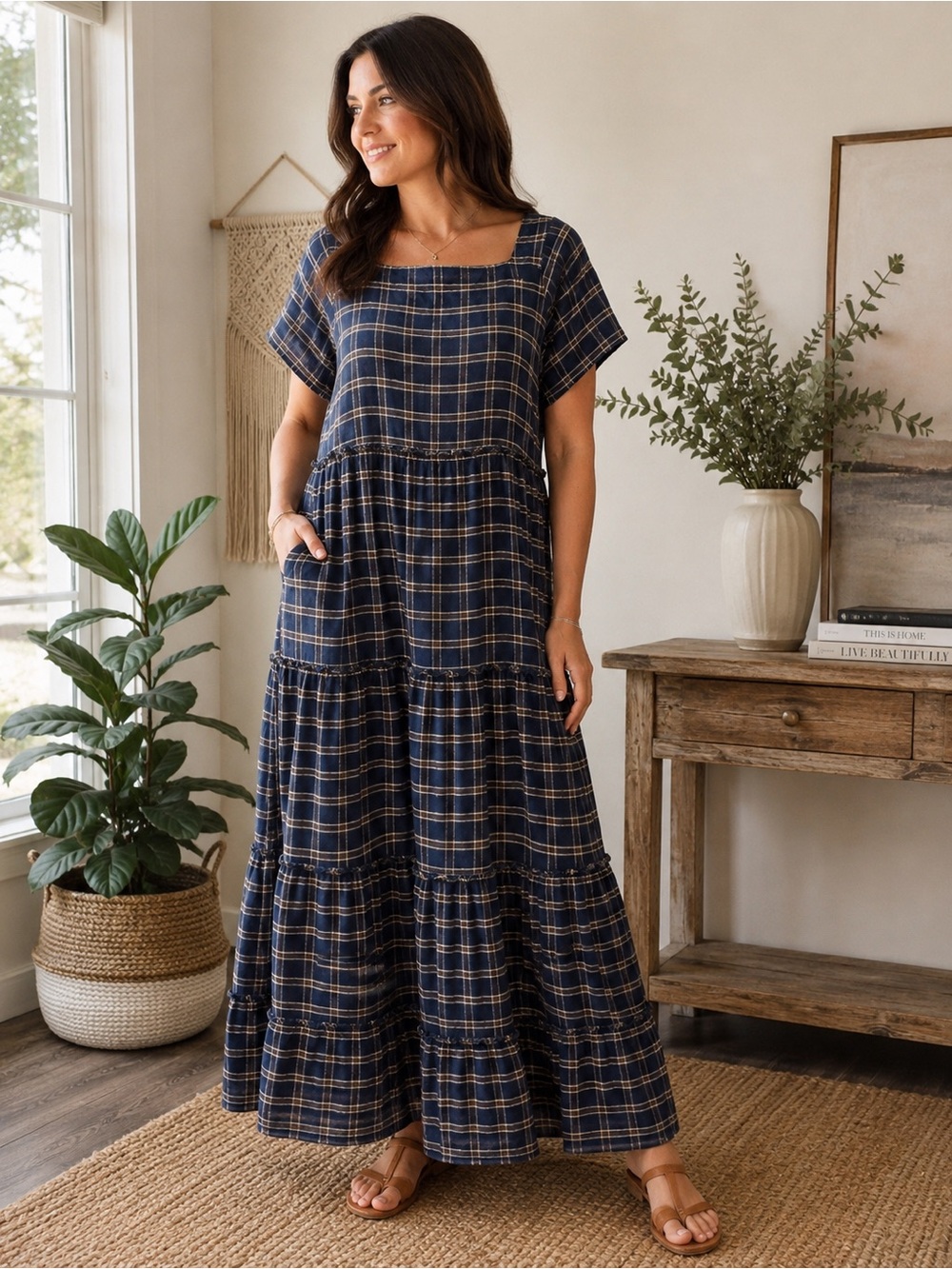 Natural Life Flannel Plaid Tiered Maxi Dress Boho Cottagecore Farmhouse Large - Picture 2 of 12